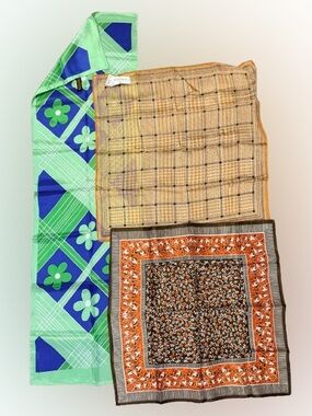 Vintage Scarf Bundle 3 Pc Green Mod Long + Floral + Plaid Square Retro Lot